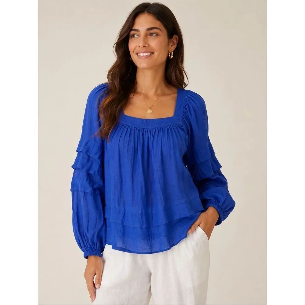 Banana Republic Blue Ramie Square Neck Balloon Sleeve Blouse Medium